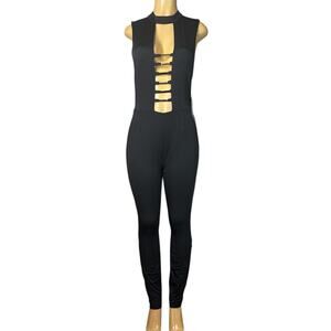 Bebe Gold Bar Detail Jumpsuit Sleeveless Plunging Neckline Black SZ Medium NWT